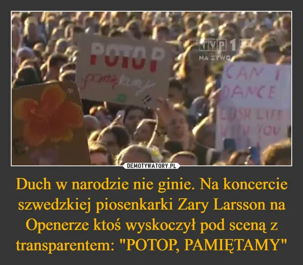 
    Duch w narodzie nie ginie. Na koncercie szwedzkiej piosenkarki Zary Larsson na Openerze ktoś wyskoczył pod sceną z transparentem: 