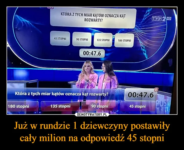 Już w rundzie 1 dziewczyny postawiły cały milion na odpowiedź 45 stopni