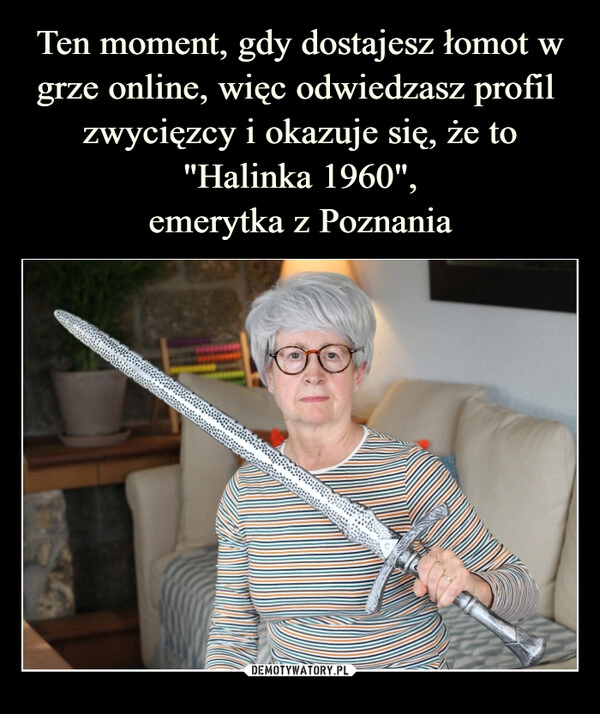 
    Ten moment, gdy dostajesz łomot w grze online, więc odwiedzasz profil
zwycięzcy i okazuje się, że to "Halinka 1960",
emerytka z Poznania 