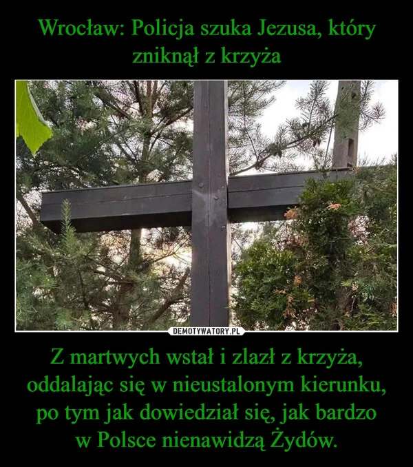 
    Wrocław: Policja szuka Jezusa, który zniknął z krzyża Z martwych wstał i zlazł z krzyża, oddalając się w nieustalonym kierunku, po tym jak dowiedział się, jak bardzo w Polsce nienawidzą Żydów.