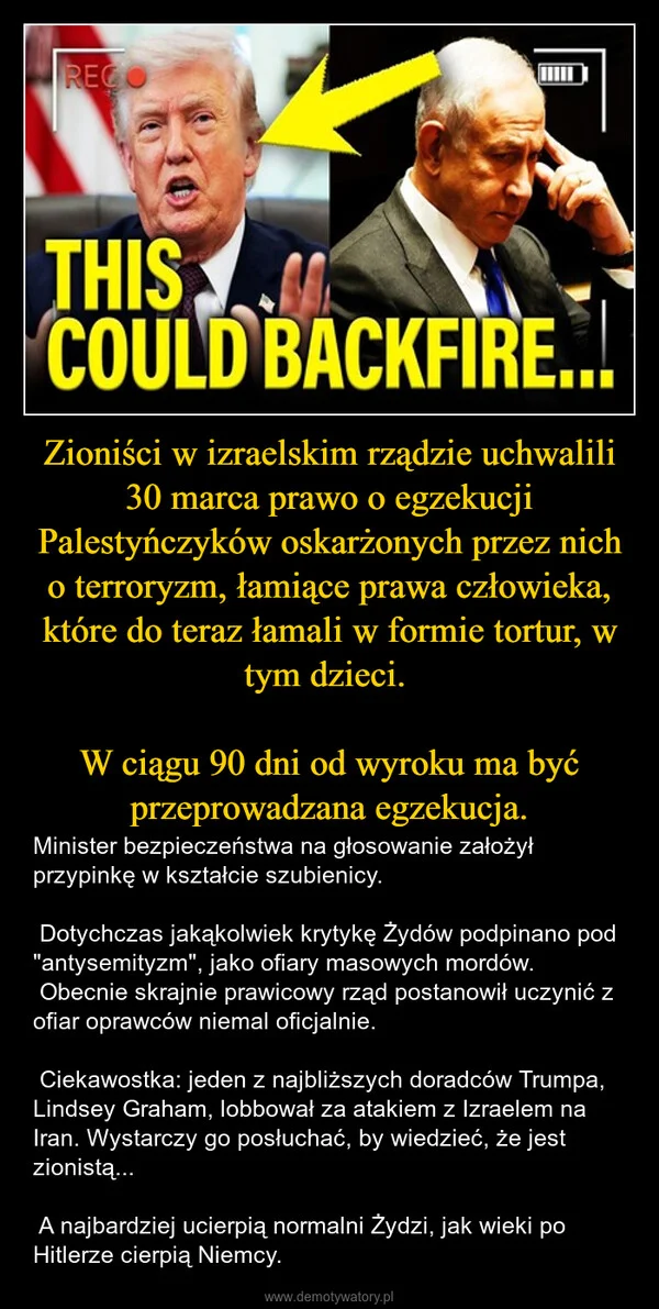 
    Zioniści w izraelskim rządzie uchwalili 30 marca prawo o egzekucji Palestyńczyków oskarżonych przez nich o terroryzm, łamiące prawa człowieka, które do teraz łamali w formie tortur, w tym dzieci. W ciągu 90 dni od wyroku ma być przeprowadzana egzekucja.