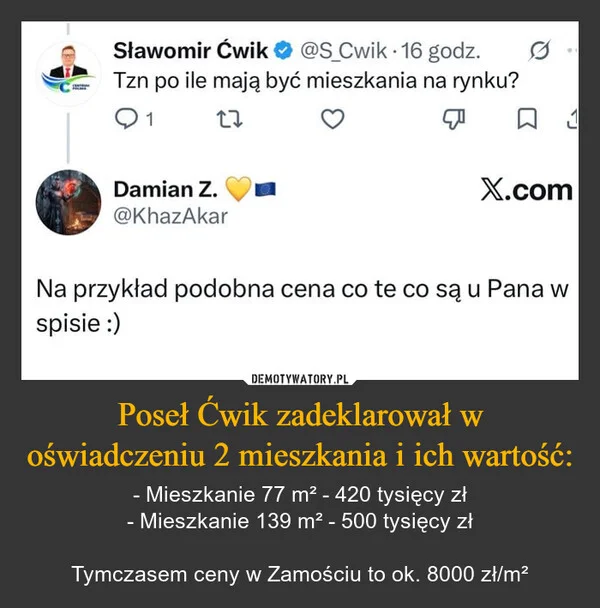 
    Poseł Ćwik zadeklarował w oświadczeniu 2 mieszkania i ich wartość: