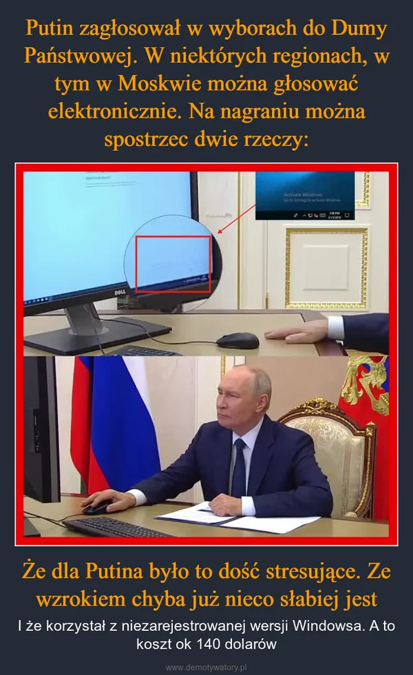 Putin zagłosował w wyborach do Dumy Państwowej. W niektórych regionach, w tym w Moskwie można głosować elektronicznie. Na nagraniu można spostrzec dwie rzeczy: Że dla Putina było to dość stresujące. Ze wzrokiem chyba już nieco słabiej jest