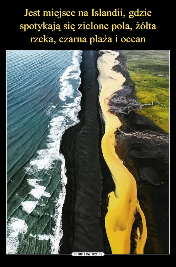 
    Jest miejsce na Islandii, gdzie spotykają się zielone pola, żółta rzeka, czarna plaża i ocean
