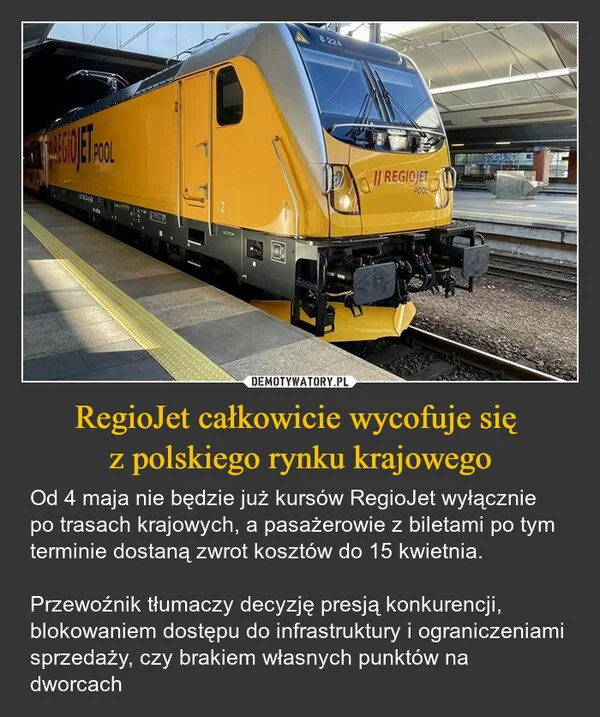 
    RegioJet całkowicie wycofuje się z polskiego rynku krajowego