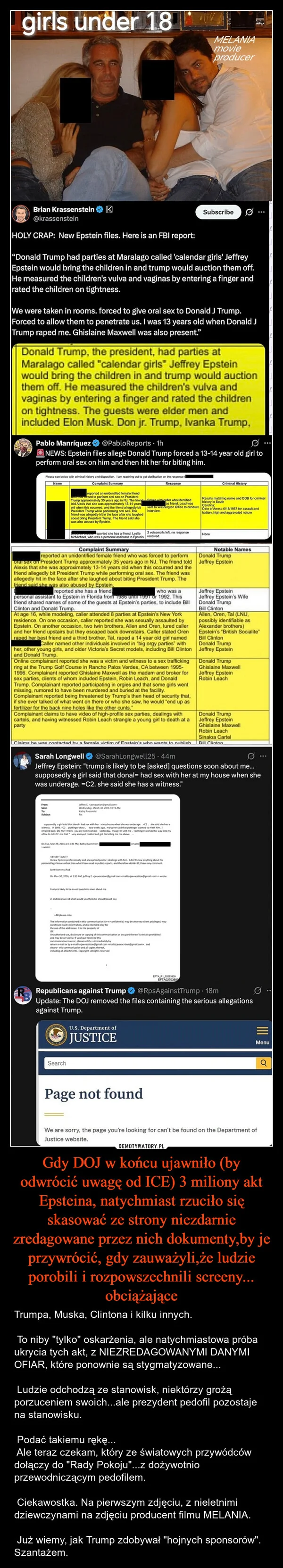 Gdy DOJ w końcu ujawniło (by odwrócić uwagę od ICE) 3 miliony akt Epsteina, natychmiast rzuciło się skasować ze strony niezdarnie zredagowane przez nich dokumenty,by je przywrócić, gdy zauważyli,że ludzie porobili i rozpowszechnili screeny... obciążające