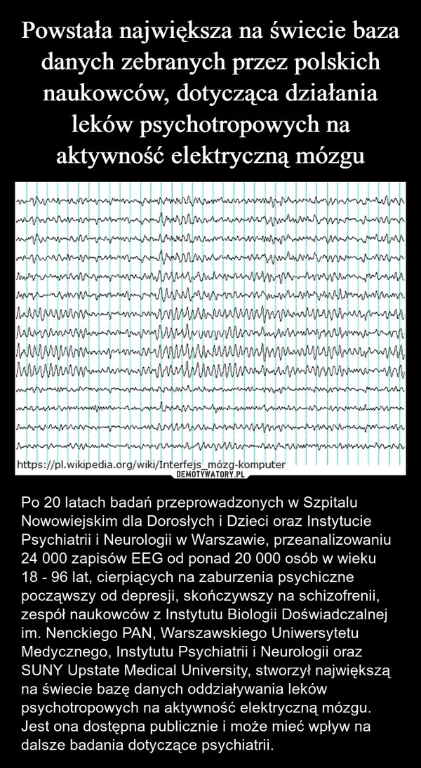
    Powstała największa na świecie baza danych zebranych przez polskich naukowców, dotycząca działania leków psychotropowych na aktywność elektryczną mózgu