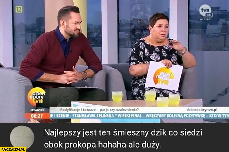 
    Wellman najlepszy jest ten śmieszny dzik co siedzi obok Prokopa hahaha ale duży