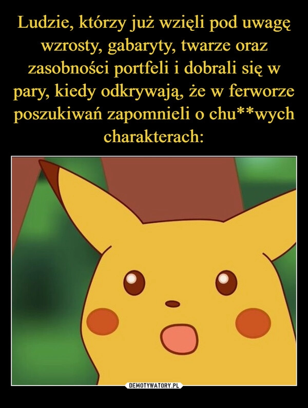 
    Ludzie, którzy już wzięli pod uwagę wzrosty, gabaryty, twarze oraz zasobności portfeli i dobrali się w pary, kiedy odkrywają, że w ferworze poszukiwań zapomnieli o chu**wych charakterach: