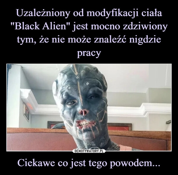 
    
Uzależniony od modyfikacji ciała "Black Alien" jest mocno zdziwiony tym, że nie może znaleźć nigdzie pracy Ciekawe co jest tego powodem... 