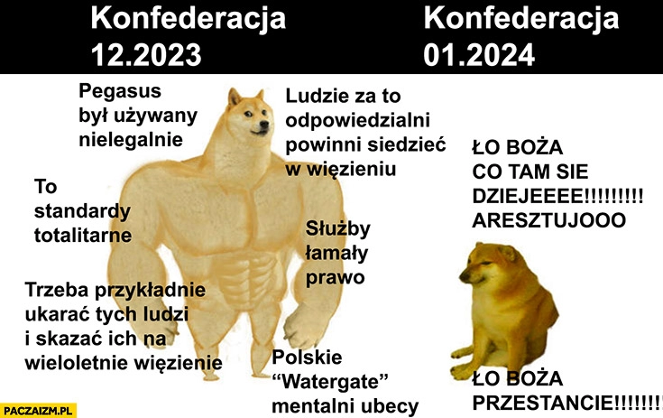 
    Konfederacja 2023 pegasus nielegalny, służby łamały prawo doge vs konfederacja 2024 cheems aresztują przestańcie