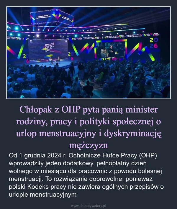 
    Chłopak z OHP pyta panią minister rodziny, pracy i polityki społecznej o urlop menstruacyjny i dyskryminację mężczyzn