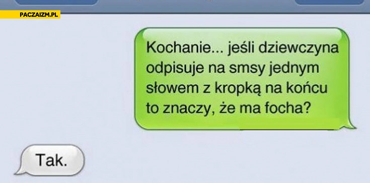 
    Jeśli dziewczyna odpisuje na smsy jednym słowem z kropką na końcu ma focha