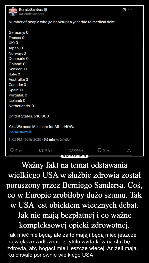 
    Ważny fakt na temat odstawania wielkiego USA w służbie zdrowia został poruszony przez Berniego Sandersa. Coś, co w Europie zrobiłoby dużo szumu. Tak w USA jest obiektem wiecznych debat. Jak nie mają bezpłatnej i co ważne kompleksowej opieki zdrowotnej.