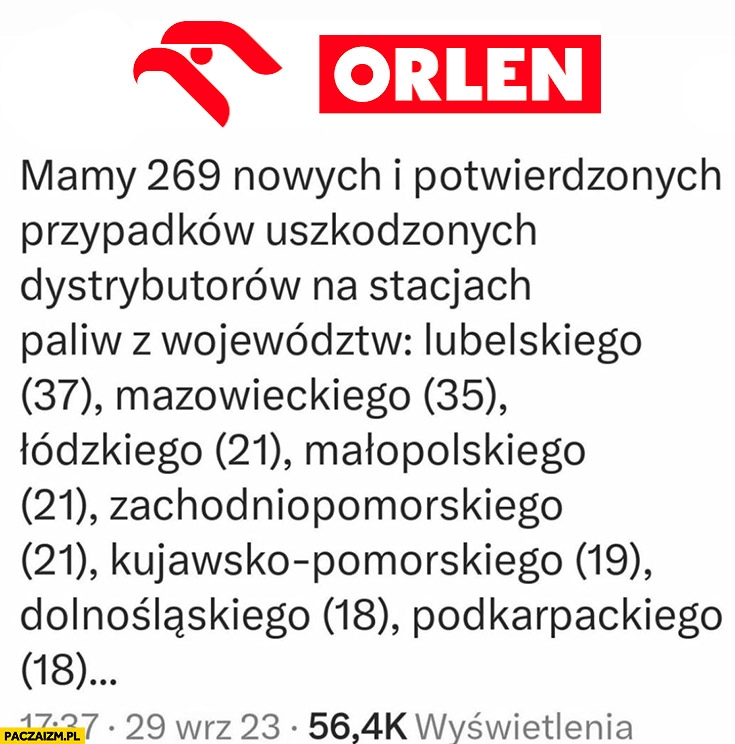 
    Orlen mamy 269 nowych i potwierdzonych przypadków uszkodzonych dystrybutorów paliw z województw