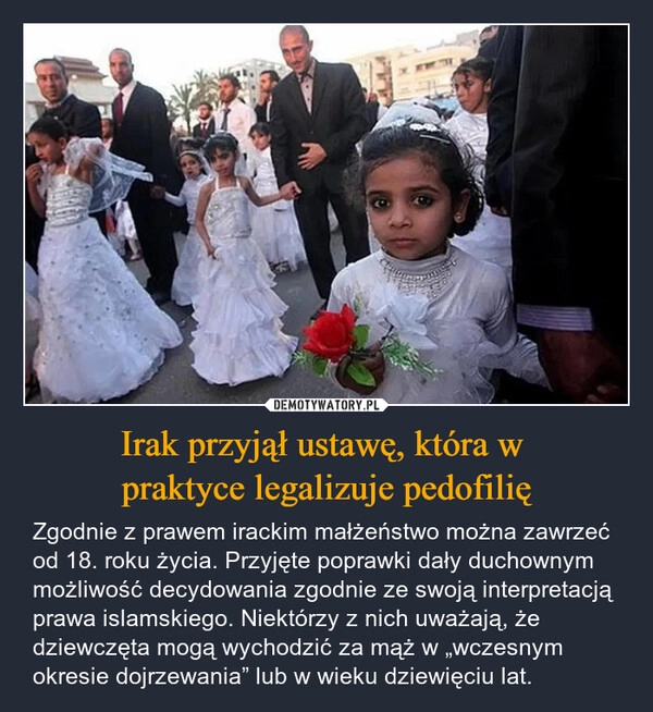 
    Irak przyjął ustawę, która w 
praktyce legalizuje pedofilię