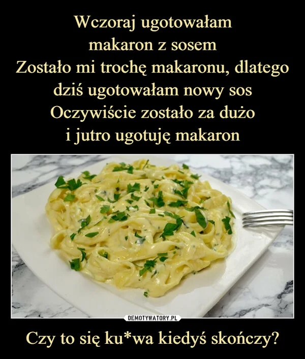 Wczoraj ugotowałam makaron z sosem Zostało mi trochę makaronu, dlatego dziś ugotowałam nowy sos Oczywiście zostało za dużo i jutro ugotuję makaron Czy to się ku*wa kiedyś skończy?