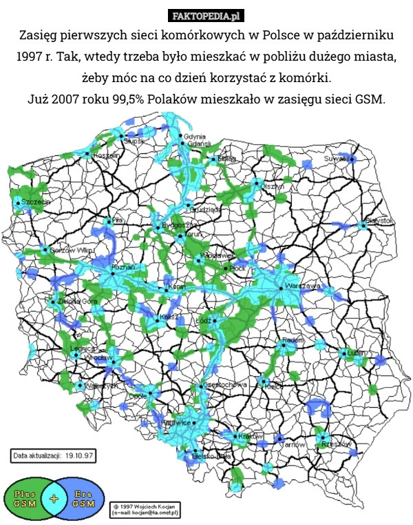 
    Zasięg pierwszych sieci komórkowych w Polsce w październiku 1997 r. Tak,