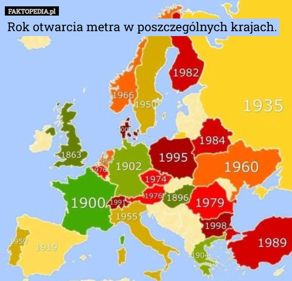 
    Rok otwarcia metra w poszczególnych krajach.