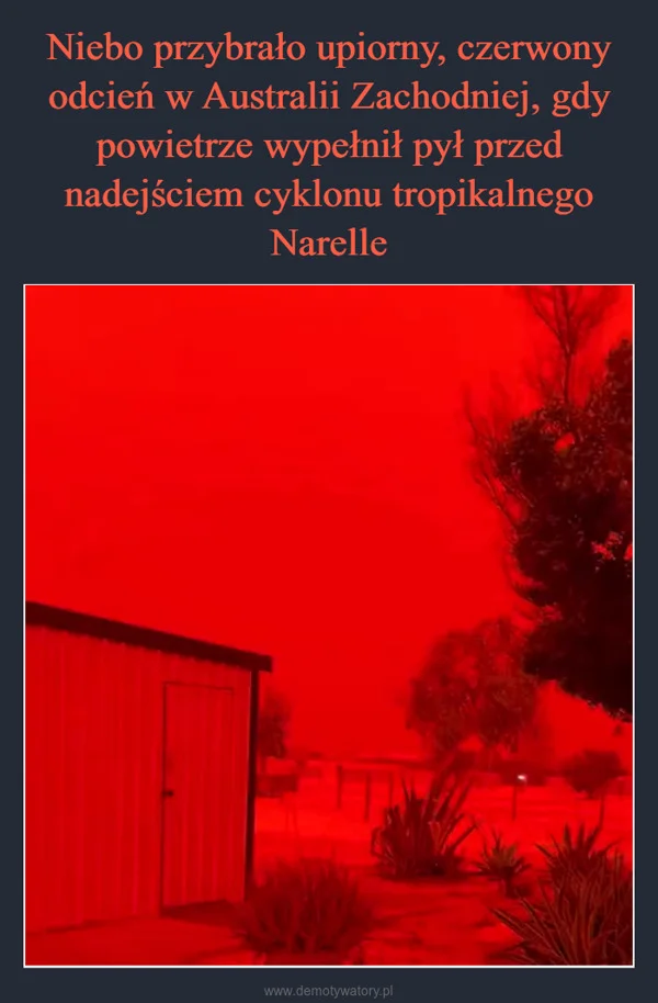 
    Niebo przybrało upiorny, czerwony odcień w Australii Zachodniej, gdy powietrze wypełnił pył przed nadejściem cyklonu tropikalnego Narelle