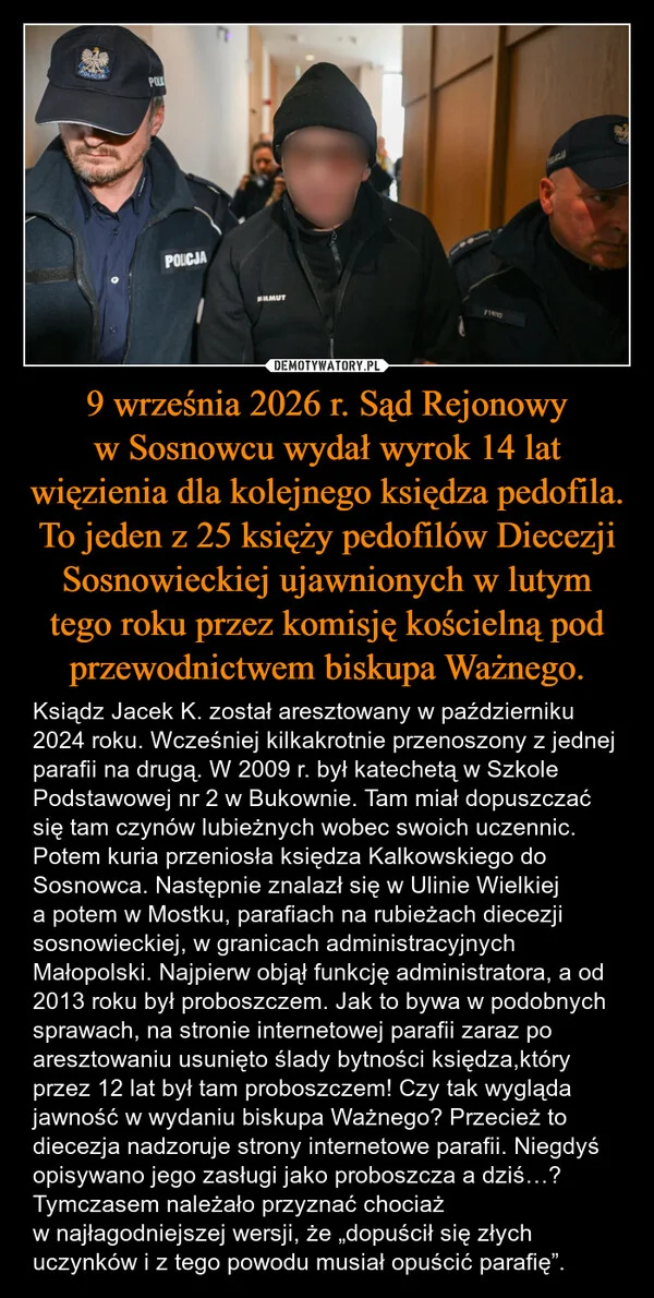 9 września 2026 r. Sąd Rejonowy w Sosnowcu wydał wyrok 14 lat więzienia dla kolejnego księdza pedofila. To jeden z 25 księży pedofilów Diecezji Sosnowieckiej ujawnionych w lutym tego roku przez komisję kościelną pod przewodnictwem biskupa Ważnego.