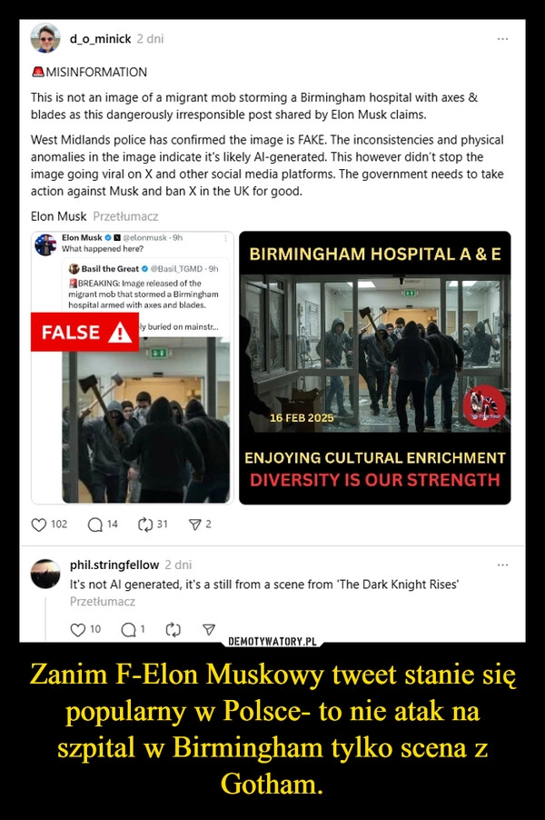 
    Zanim F-Elon Muskowy tweet stanie się popularny w Polsce- to nie atak na szpital w Birmingham tylko scena z Gotham.