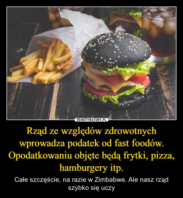 
    Rząd ze względów zdrowotnych wprowadza podatek od fast foodów. Opodatkowaniu objęte będą frytki, pizza, hamburgery itp.