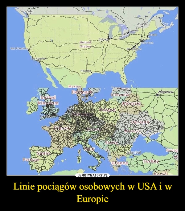 
    Linie pociągów osobowych w USA i w Europie