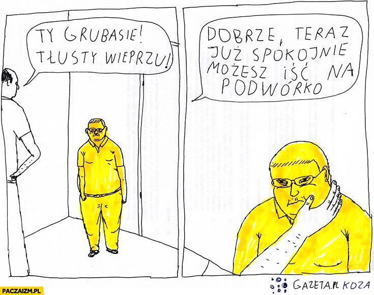 
    Ty grubasie, tłusty wieprzu. Dobrze teraz już spokojnie możesz iść na podwórko Jan Koza