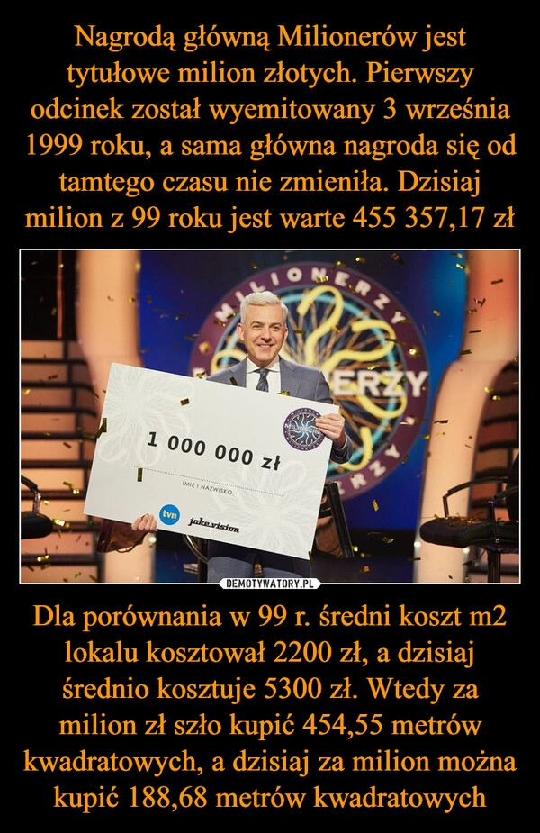 
    Nagrodą główną Milionerów jest tytułowe milion złotych. Pierwszy odcinek został wyemitowany 3 września 1999 roku, a sama główna nagroda się od tamtego czasu nie zmieniła. Dzisiaj milion z 99 roku jest warte 455 357,17 zł Dla porównania w 99 r. średni koszt m2 lokalu kosztował 2200 zł, a dzisiaj średnio kosztuje 5300 zł. Wtedy za milion zł szło kupić 454,55 metrów kwadratowych, a dzisiaj za milion można kupić 188,68 metrów kwadratowych