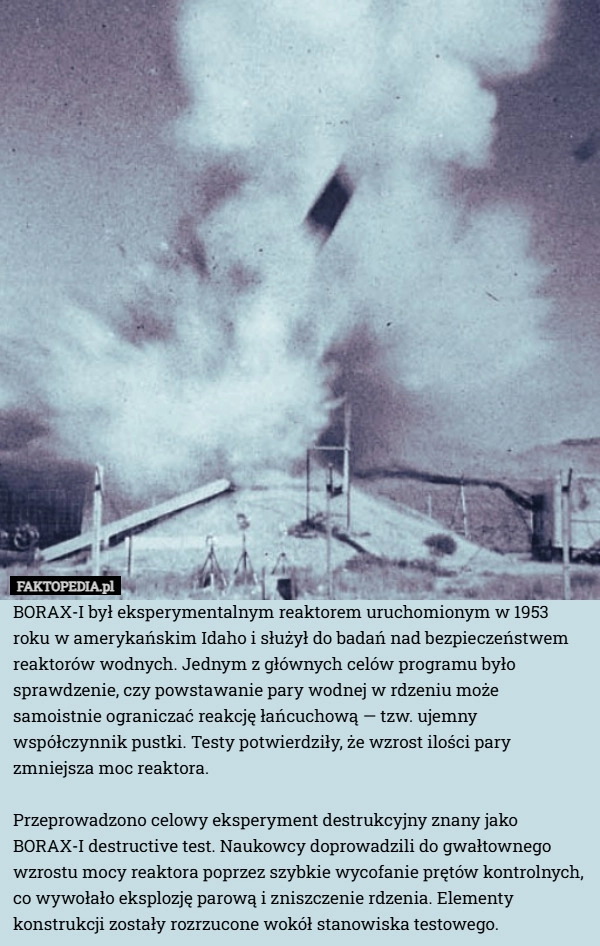 
    BORAX-I był eksperymentalnym reaktorem uruchomionym w 1953 roku w amerykańskim