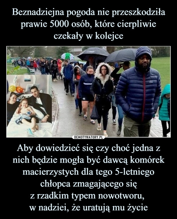 
    Beznadziejna pogoda nie przeszkodziła prawie 5000 osób, które cierpliwie czekały w kolejce Aby dowiedzieć się czy choć jedna z nich będzie mogła być dawcą komórek macierzystych dla tego 5-letniego chłopca zmagającego się
z rzadkim typem nowotworu, 
w nadziei, że uratują mu życie