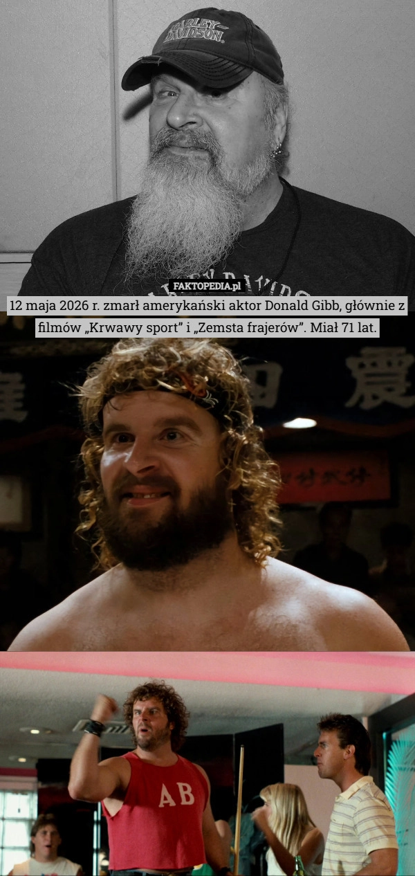 
    12 maja 2026 r. zmarł amerykański aktor Donald Gibb, głównie z filmów „Krwawy