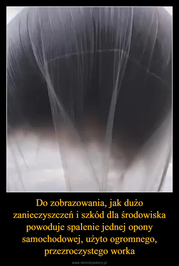 
    Do zobrazowania, jak dużo zanieczyszczeń i szkód dla środowiska powoduje spalenie jednej opony samochodowej, użyto ogromnego, przezroczystego worka