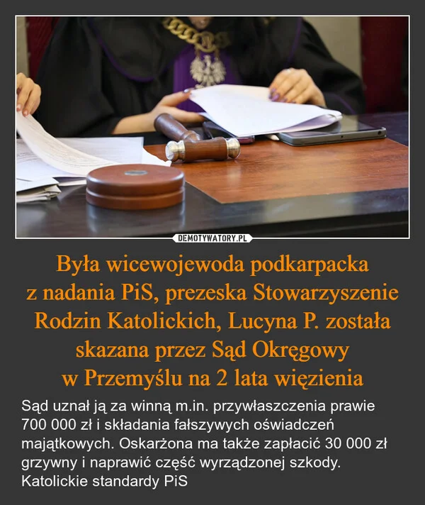 
    Była wicewojewoda podkarpacka z nadania PiS, prezeska Stowarzyszenie Rodzin Katolickich, Lucyna P. została skazana przez Sąd Okręgowy w Przemyślu na 2 lata więzienia