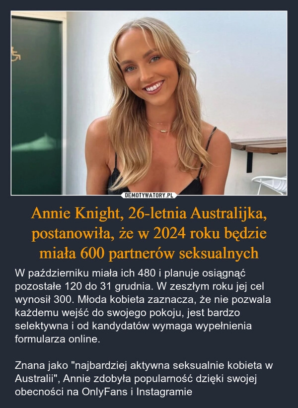 
    Annie Knight, 26-letnia Australijka, postanowiła, że w 2024 roku będzie miała 600 partnerów seksualnych