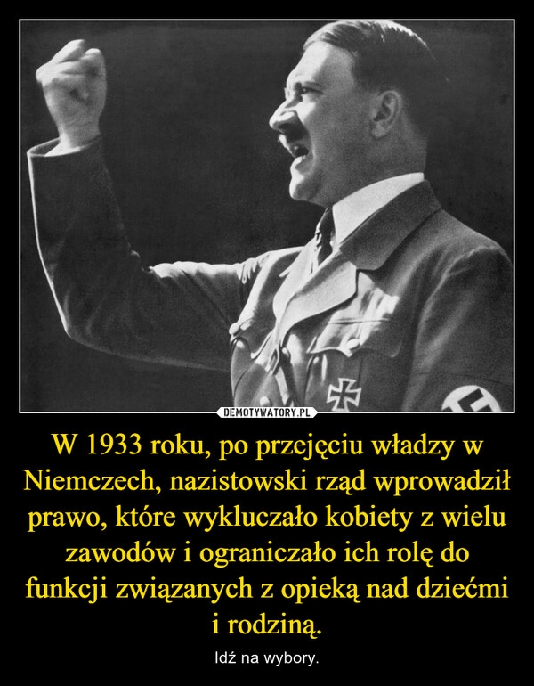 
    W 1933 roku, po przejęciu władzy w Niemczech, nazistowski rząd wprowadził prawo, które wykluczało kobiety z wielu zawodów i ograniczało ich rolę do funkcji związanych z opieką nad dziećmi i rodziną.