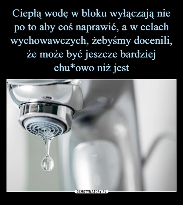 
    Ciepłą wodę w bloku wyłączają nie po to aby coś naprawić, a w celach wychowawczych, żebyśmy docenili, że może być jeszcze bardziej chu*owo niż jest