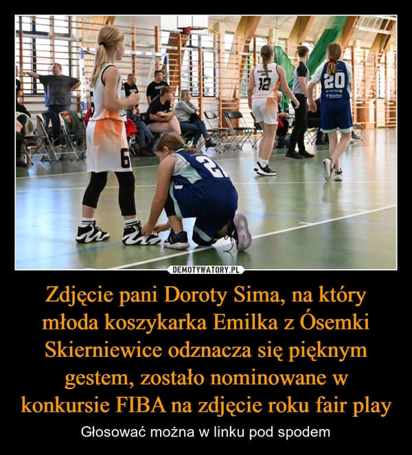 
    Zdjęcie pani Doroty Sima, na który młoda koszykarka Emilka z Ósemki Skierniewice odznacza się pięknym gestem, zostało nominowane w konkursie FIBA na zdjęcie roku fair play