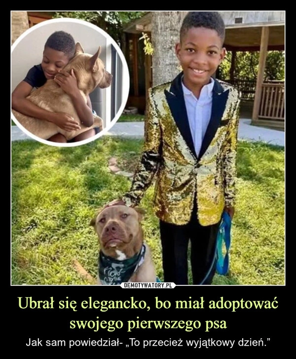 
    Ubrał się elegancko, bo miał adoptować swojego pierwszego psa