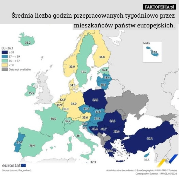 
    Średnia liczba godzin przepracowanych tygodniowo przez mieszkańców państw