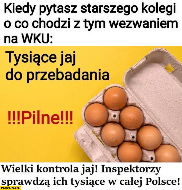 
    Kiedy pytasz starszego kolegi o co chodzi z tym wezwaniem do WKU tysiące jaj do przebadania