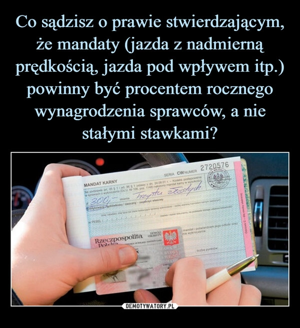 
    Co sądzisz o prawie stwierdzającym, że mandaty (jazda z nadmierną prędkością, jazda pod wpływem itp.) powinny być procentem rocznego wynagrodzenia sprawców, a nie stałymi stawkami?