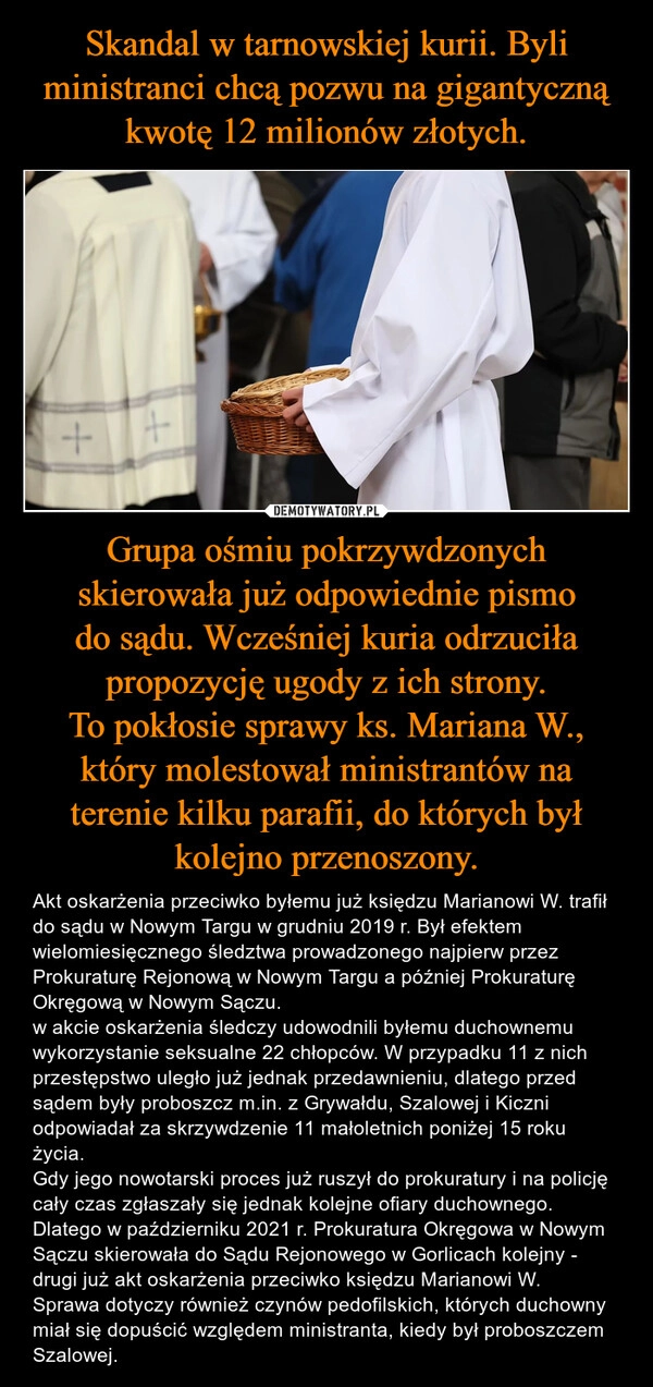 
    Skandal w tarnowskiej kurii. Byli ministranci chcą pozwu na gigantyczną kwotę 12 milionów złotych. Grupa ośmiu pokrzywdzonych skierowała już odpowiednie pismo do sądu. Wcześniej kuria odrzuciła propozycję ugody z ich strony.
To pokłosie sprawy ks. Mariana W., który molestował ministrantów na terenie kilku parafii, do których był kolejno przenoszony.