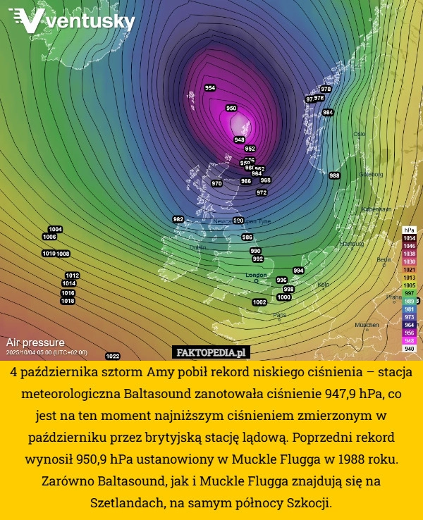 
    4 października sztorm Amy pobił rekord niskiego ciśnienia – stacja meteorologiczna