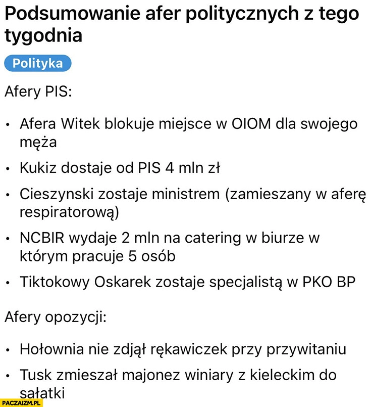 
    Podsumowanie afer politycznych z tego tygodnia, afery PiS: Witek, Kukiz, Cieszyński, NCBiR, Szafarowicz vs afery opozycji Hołownia, Tusk