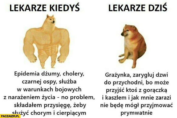 
    Lekarze kiedyś: epidemia no problem składałem przysięgę żeby służyć chorym, dziś Grażynka zarygluj drzwi przychodni bo ktoś mnie zarazi i nie będę mógł przyjmować prywatnie