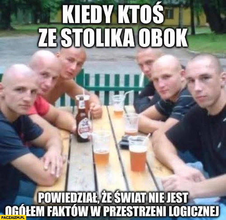 
    Kiedy ktoś ze stolika obok powiedział, że świat jest ogółem faktów w przestrzeni logicznej łysi dresiarze