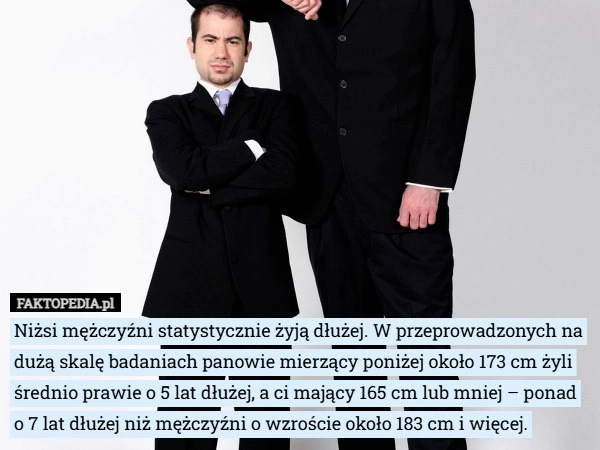 
    Niżsi mężczyźni statystycznie żyją dłużej. W przeprowadzonych na dużą skalę...