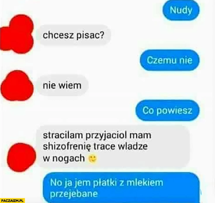 
    Co powiesz? Straciłam przyjaciół, mam schizofrenię, tracę władzę w nogach. No ja jem płatki z mlekiem, przejechane